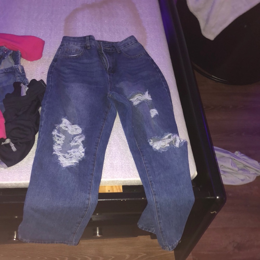 SHEIN high waisted ripped straight leg jeans DARK BLUE💙